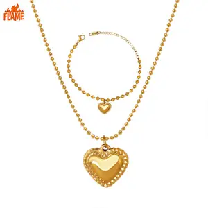 [FLAME] 2PCS 18K Gold Plated Fashion Bracelet & Necklace Jewelry Set, Minimalist Heart Pendant Necklace, Delicate Chain Accessories for Women, Trendy Everyday Wear, Perfect Gift for Her