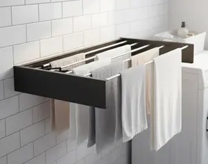32" Black 5 Rods Wall Mounted Foldable Clothes Drying Rack, Space Saving Laundry Drying Rack with Wall Template for Bathroom, Apartment, College Dorm