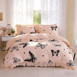 3PCS French Pastoral Style Pink Butterfly Printed Duvet Cover Set with Ruffle Trim, 1 Duvet Cover + 2 Pillowcases (Cover Only for Both), Zipper Closure, Easy to Remove and Wash, Soft & Skin-Friendly Fabric, Ideal Gift