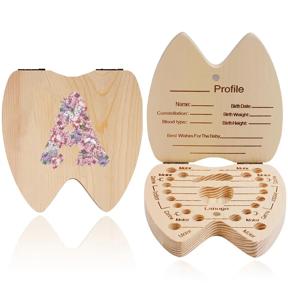 Wooden Baby Tooth Box, 1 Count Kids Milk Teeth Organizer, Newborn Memory Box, A-Z Letter & Rose Flower Pattern, Ideal Gift for New Parents & Baby Shower, Nursery Room Decor