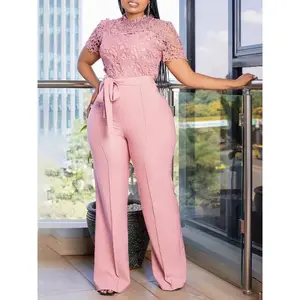 summer spring clothes Pink Lace Jumpsuit for Women Patchwork High Waist Wide Leg Waist Belt Modest Classy Elegant One Piece Office Lady Summer Fashion