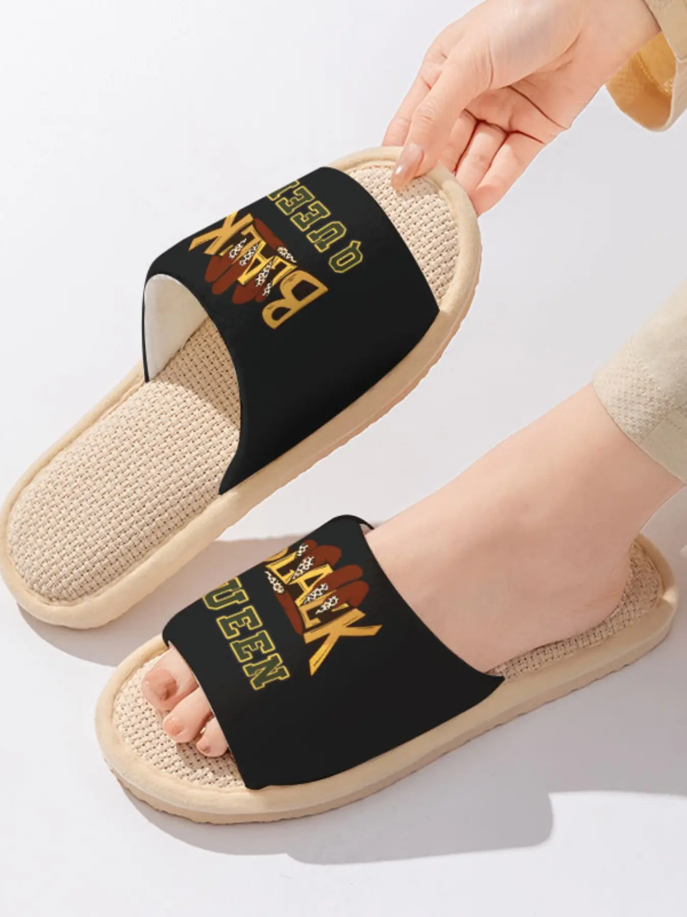 Black Queen Letter Print | Empowering Style 1 Pair Linen Breathable Non-Slip Indoor & Outdoor Slippers For Black Girl Magic Fans (Spring Summer)