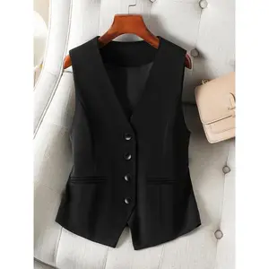 Women’s solid button-front vest, elegant sleeveless V-neck waistcoat for work, office, and business; ladies’ spring and autumn clothing (gift).