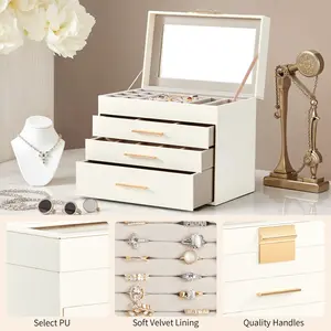 Lightweight Wooden jewelry organizer Top Visible Storage With 2-drawer White Cabinet And Pink Velvet Jewelry Box Organiser,makeup organizer jewelry box layer storage organizer Transparent Decor