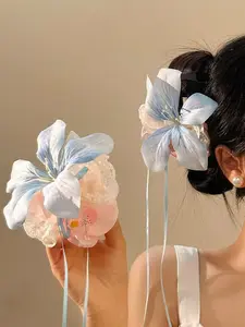 Women's Blue Lily Ribbon Duckbill Hair Clip, Gradient Lace Flower Hair Clip, Fashionable and Elegant, Super Cute Clips, Suitable for Daily Use, Parties, Work