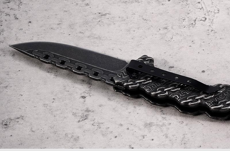 EDC multifunctional lock chain tactical outdoor folding knife, made entirely of steel; convenient pocket/belt clip for easy carry; outdoor cutting tool designed specifically for climbing and fishing; a camping and hiking essential.
