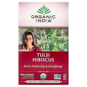 Organic India Tulsi Hibiscus Tea, Caffeine-Free, 18 Infusion Bags, 1.27 oz (36 g)