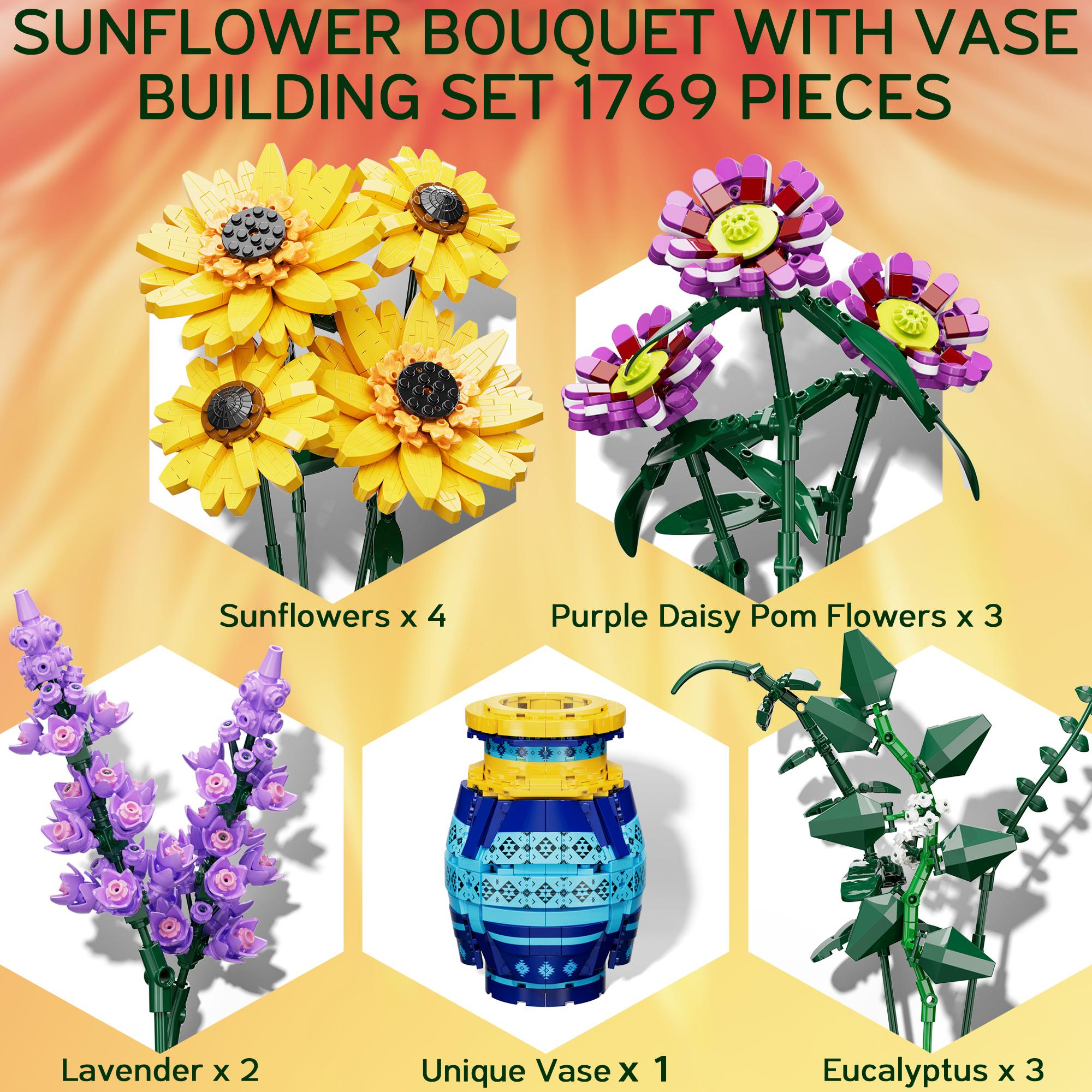 Mayicivo 1769PCS Sunflower Bouquet Building Blocks with Vase Kit for Her Wife Him Anniversary Birthday Gift for Women Men Adults Decorative Ornaments for Bedroom