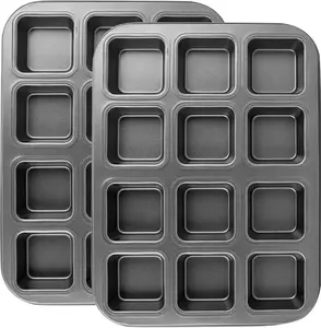 Brownie Pan with Dividers, 2 Set All Edges Square Cupcake Brownie Pans 12 Mini Cavity Non Stick Baking Carbon Steel Bread Mold 3x4 Individual Cutter Sheet Tray for Cake Cookie Oven