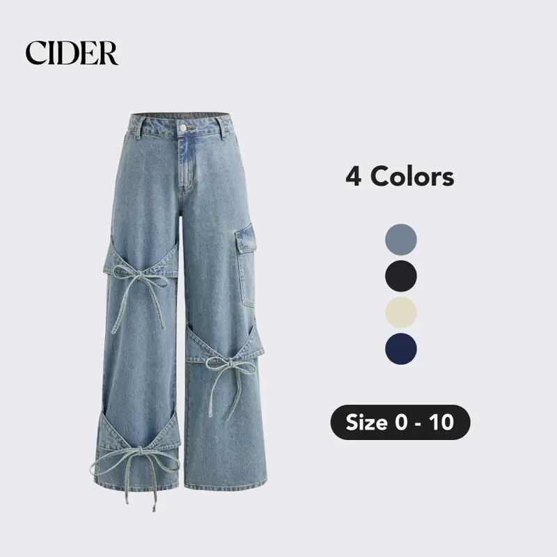 Women's Washed Mid-Rise Baggy Denim Jeans - Wide-Leg, Loose Fit, Bowknot Pockets, Solid Design, Streetwear, Denim Look, Full Length, All Seasons, 4 Colors, 0-10 Sizes, Casual Bottom Pants