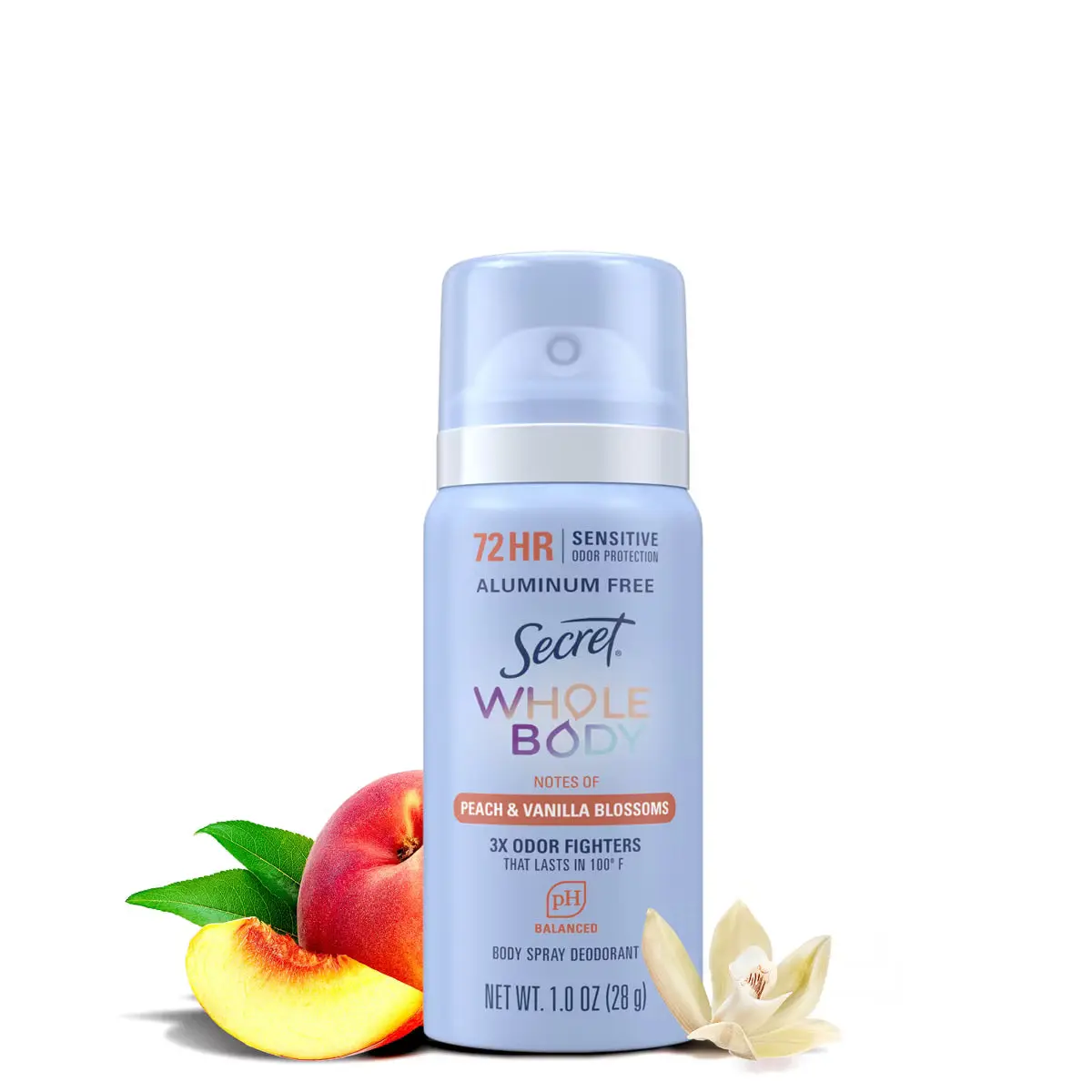 Secret Whole Body 72HR Deodorant Spray for Women, Peach & Vanilla Scent, 1.0 oz