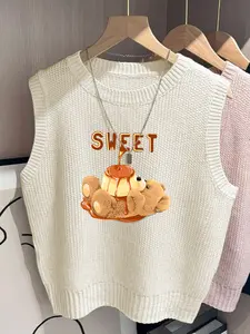 Women's Fashion Caramel Bear Print Sweater Vest, Casual Versatile Top, Fall & Winter Fitted Plain Style, Comfortable Daily Wear