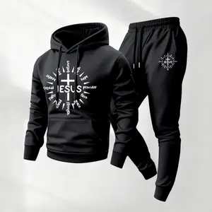 Men's Christian Print Hoodie and Drawstring Sweatpants Set, Menswear, Casual Athletic Long Sleeve Hooded Jacket & Trousers for Fall & Winter, Men's Clothing for Daily Wear, Sportswear Indoor Outdoor, Tracksuit, Athleisure Summer Clothes