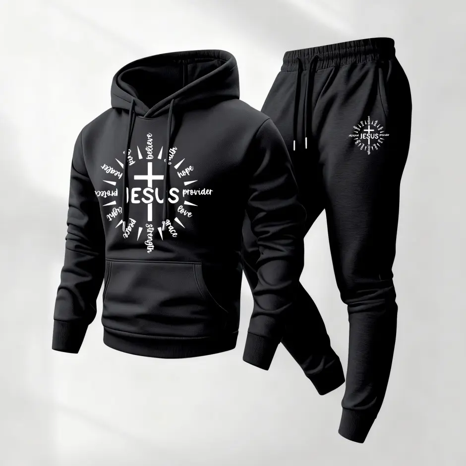 Men's Christian Print Sweatsuit Set Outfit, 2-Piece Casual Long Sleeve Hoodie and Pants, Loose-Fit Breathable Polyester for Athletic & Daily Wear, Long Sleeves, Sports Suit Tracksuits, Sporty Comfy Breathable, Gym