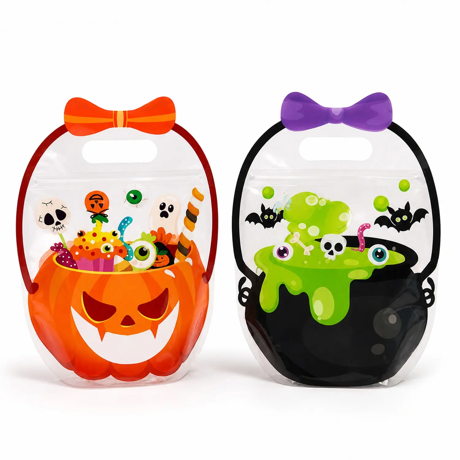 12/24 Pack Halloween Goodie Bags, Trick or Treat Candy Bags with Pumpkin, Skeleton, Black Cat & Cauldron Designs, Plastic Treat Bags for Kids Classroom Party Favors