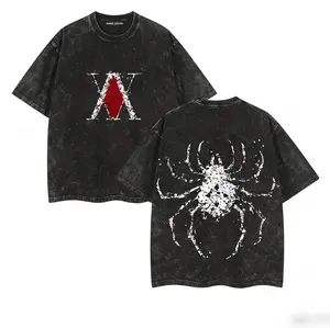 Hunter x Hunter Phantom Troupe Graphic Tee, Vintage Acid Wash Tee, Anime OOTD show Spider Emblem Back Print Top, Y2K Grunge Harajuku Hip Hop Streetwear T-Shirt for Men Women