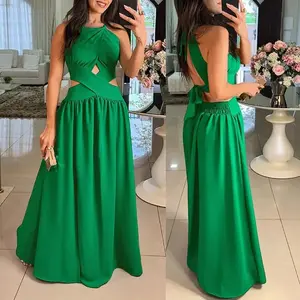 Women's Halter Sleeveless Tied Detail Shirred Criss Cross Flared Dress Glamorous Evening Dress