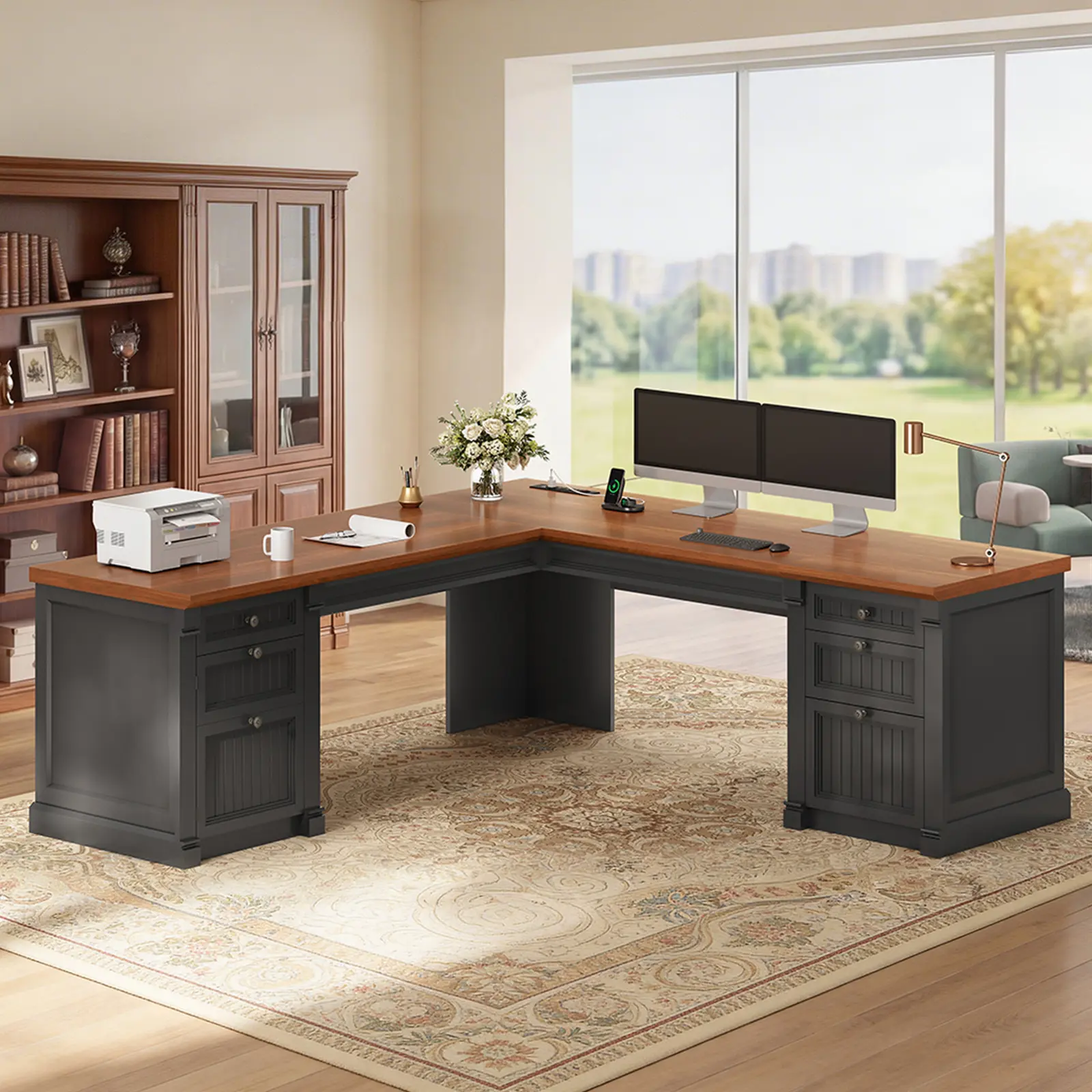 Sedeta 67-Inch American-Style L-Shaped Workstation - Sturdy Frame Office Furniture with 4 File Drawers, Wooden Storage Cabinet, Power Strip, L-Shape Computer Armoires Compatibility