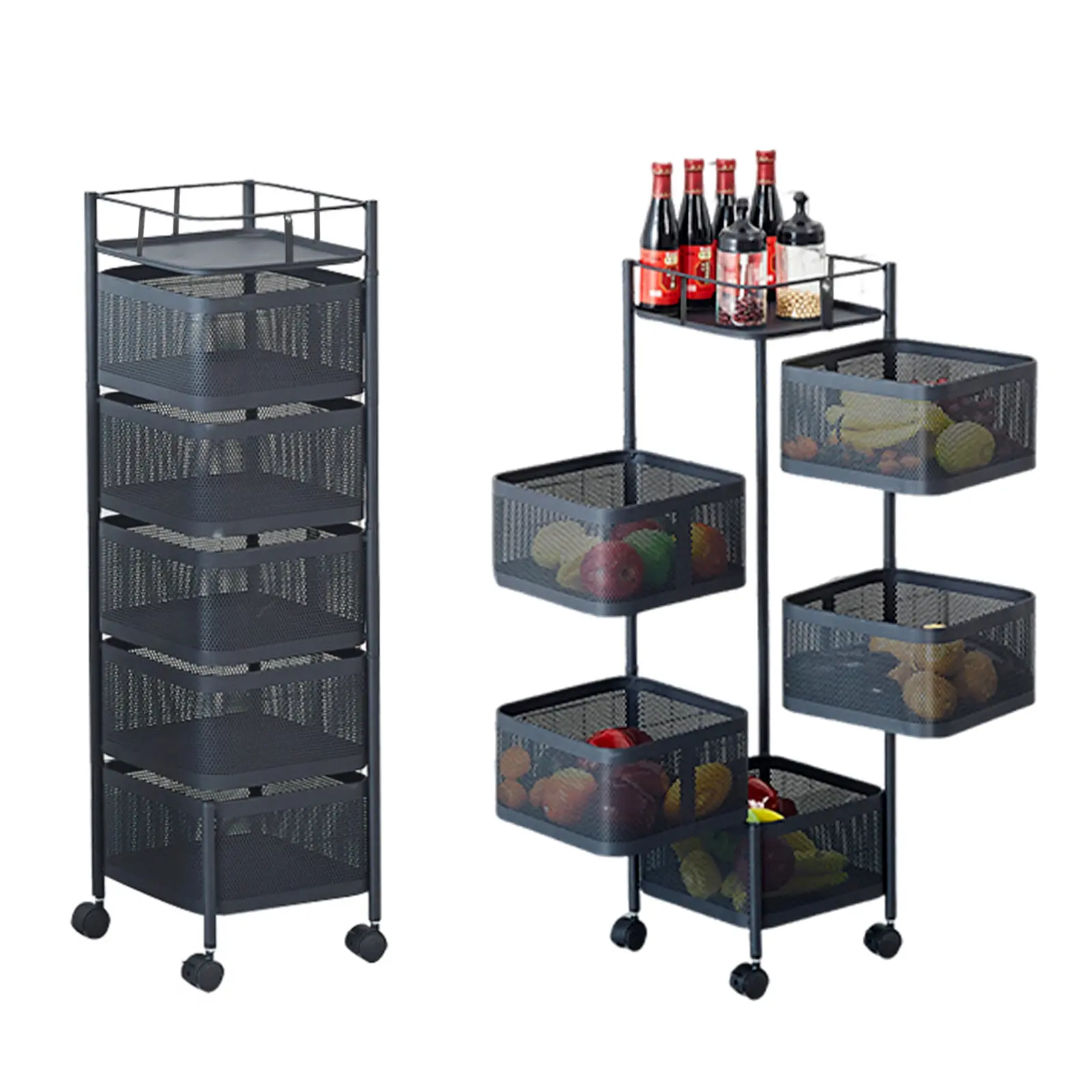 Kitchen Storage Cart, 5-Tier Fruit and Vegetable Basket Rotating Storage Rack, Rolling Snack Cart, Metal Rolling Carts with Wheels for Fruit Potato Onion Vegetable Snack white/black