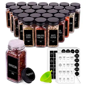 48 Spice Jars with 547 Labels- Glass Spice Jars with Black Metal Caps, 4oz Empty Spice Containers with Shaker Lids, Funnel, Chalk Pen, Square Seasoning Bottles for Spice Rack, Drawer, Cabinet