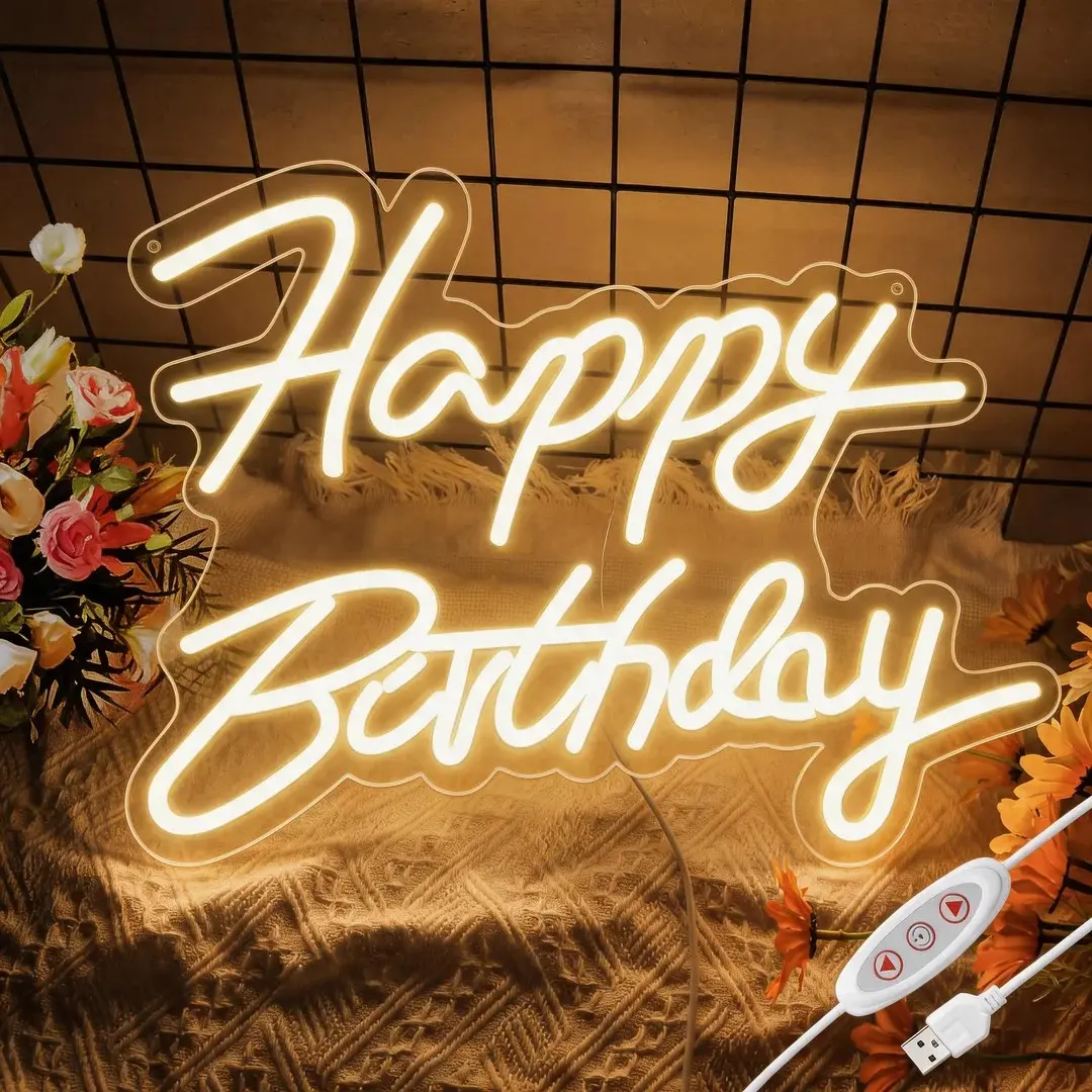 LED Happy Birthday Neon Sign – Dimmable Warm White Wall Decor for Birthday Party Backdrop, Perfect for Kids & Adults Birthday Celebrations summerwins Led Neon Lights Led Decoration Lamp,dorm essentials,home decor,home essentials,camping essentials