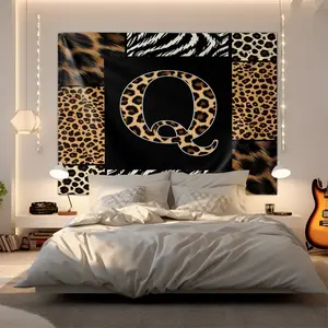 Custom Letter Q-S Leopard Print Tapestry, Geometric Patchwork Wall Hang, Retro Home Decor, Elegant Background Cloth, Unique Gift