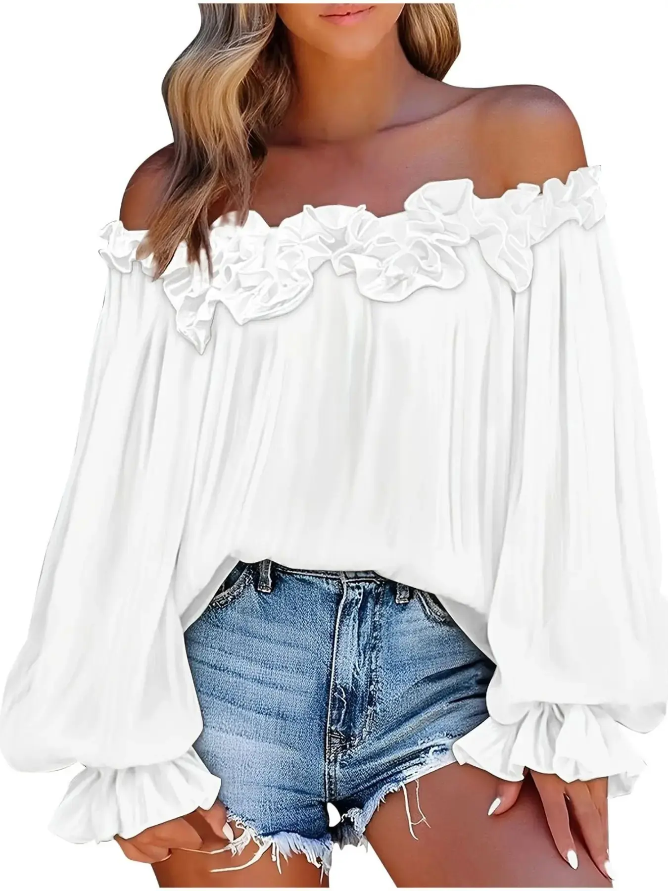Plain Off-Shoulder Ruffle Blouse Plus Size Casual Puff Long-Sleeve Ruffled Tops, Womenswear, Lightweight Breathable Fabric, Y2K Summer Outfits, Comfortable Relaxed Fit Work Casual Shirts for Women, Chic Stylish Frill Detail Daily Blouse, Elegant Cute