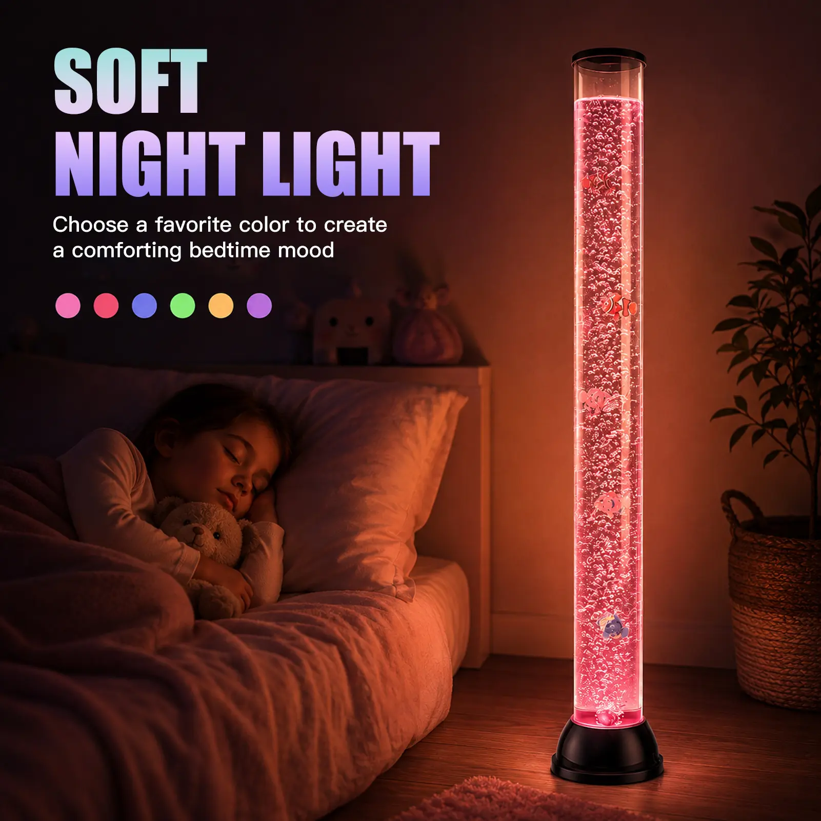 47.2-Inch LED Bubble Fish Lamp, Color-Changing Sensory Bubble Tube Floor Lamp with Remote and 6 Artificial Fish for Room Decor