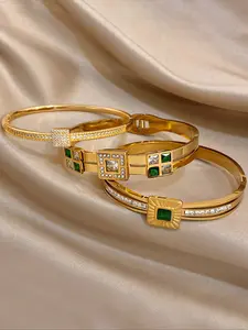 3pcs Set Gold Plated Stainless Steel Bracelets for Women, Waterproof Tarnish Resistant Zirconia Emerald Green Accents Stackable Bangles with Hinged Closure, Elegant Fashion Jewelry Gift, High Quality Bracelet