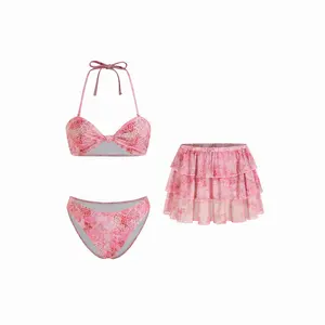 Cider Floral & Leopard Halter Neckline Knotted Bikini Set With Ruffle Tiered Skirt