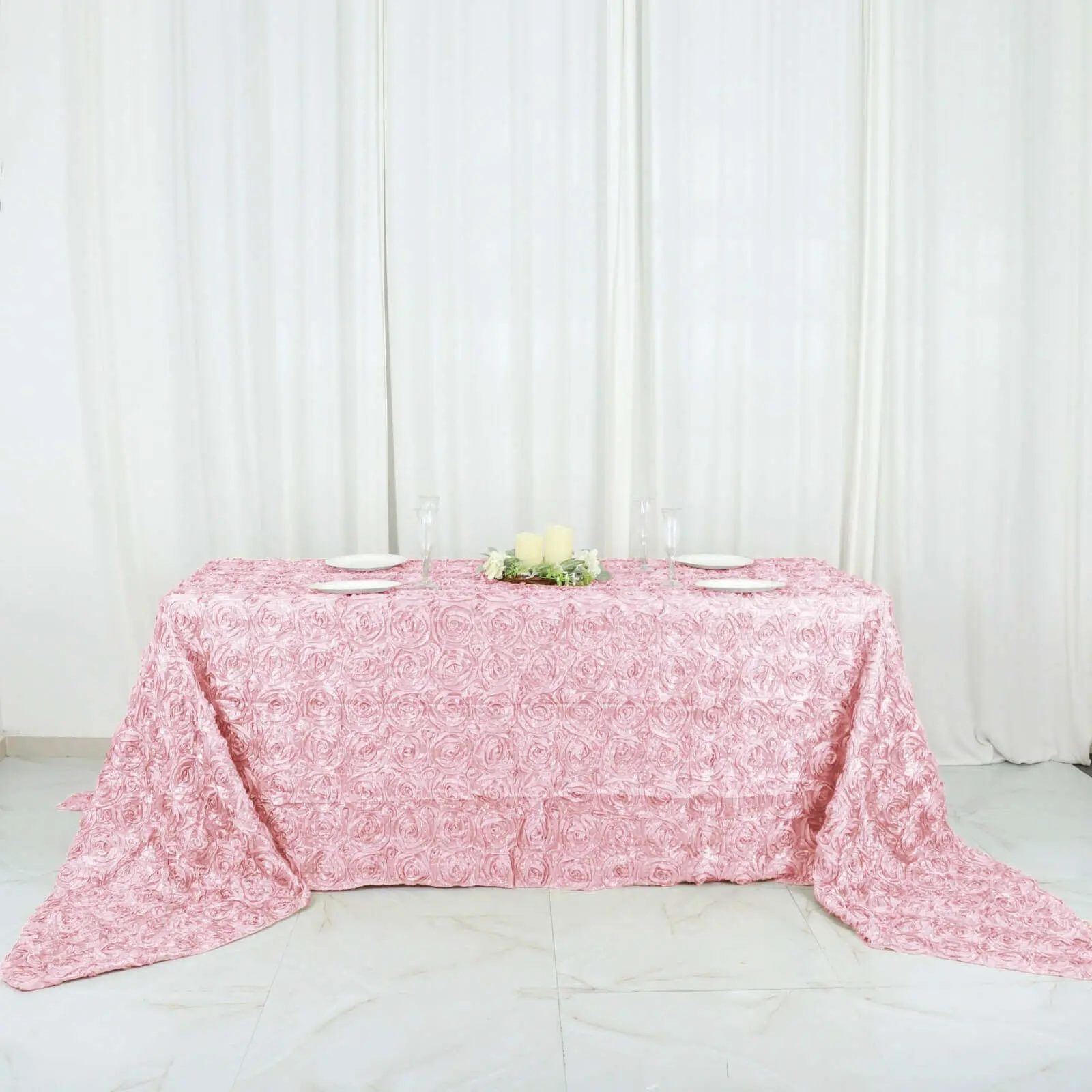 Blush Pink Satin Rectangle Tablecloth (90"x156") - 1-Piece Seamless 3D Rosette Design Table Cover for Decoration, Wedding Banquets, Indoor/Outdoor Use, Dry Clean Only, One-Piece