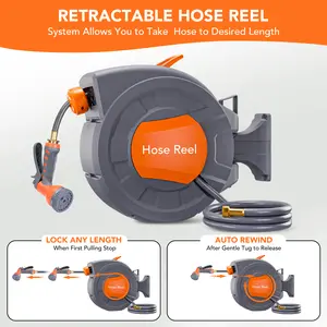 1/2" x 100FT Retractable Garden Hose Reel, Wall Mounted Heavy Duty Water Hose with 9 Pattern Nozzle, Automatic Rewind, 180° Swivel & Any Length Lock for Garden Watering