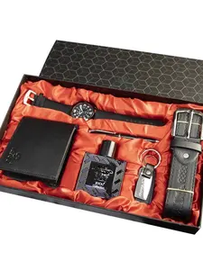 Men's Six-Piece Gift Set Watch Perfume Belt Wallet Keychain Pen Business Box, Premium Gift Box, Artificial Leather, Checked Pattern, All Seasons