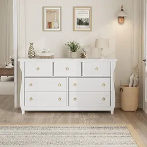 Garvee Modern Wood Dresser with Multiple Drawers, Available in White and Natural Oak Finishes, Featuring Black Ring Pull Handles, Suitable for Bedroom, Living Room, and Entryway Storage, 47 to 54 Inches Wide