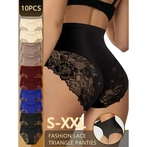 QUASTI﻿ 10PCS High Waisted Lace Sexy Women's Underwear, Cross Design Lightweight Skin-Friendly Breathable Soft Knicker Briefs, Milk Silk Fabric Adaptive Multi Colored Panties Female Intimates, Suitable for Four Season, S-XXL Elegant Style