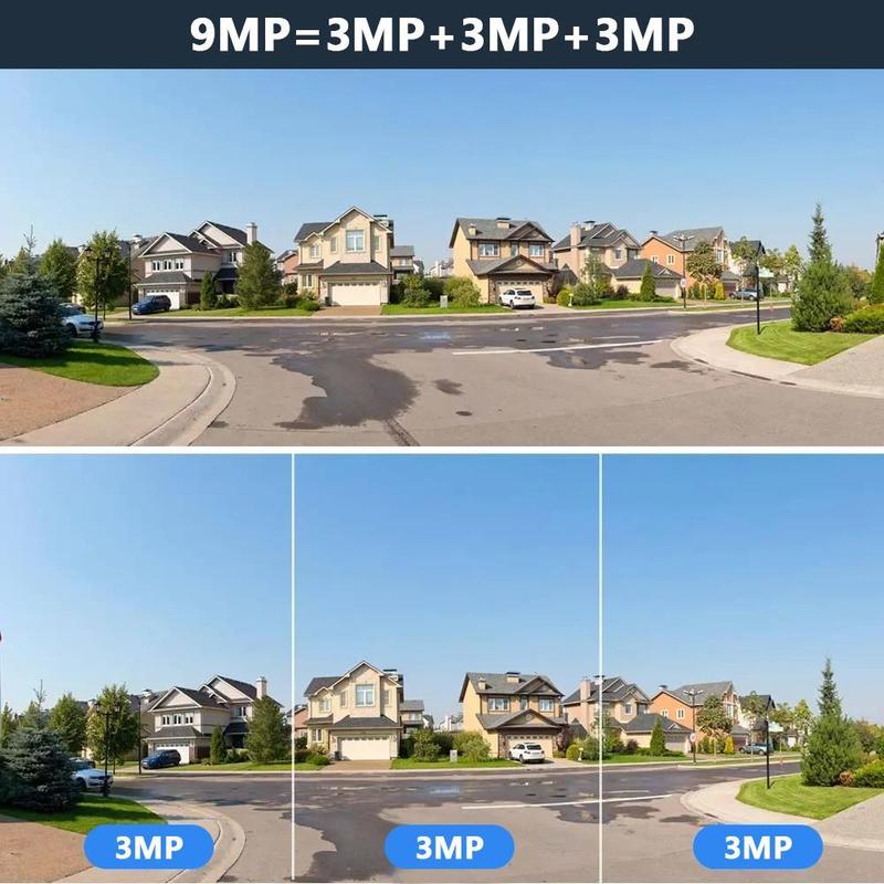 AI Motion Detection Outdoor Security Camera – 9MP 3-Lens 360° Pan/Tilt, Auto Tracking 2-Way Audio Color Night Vision