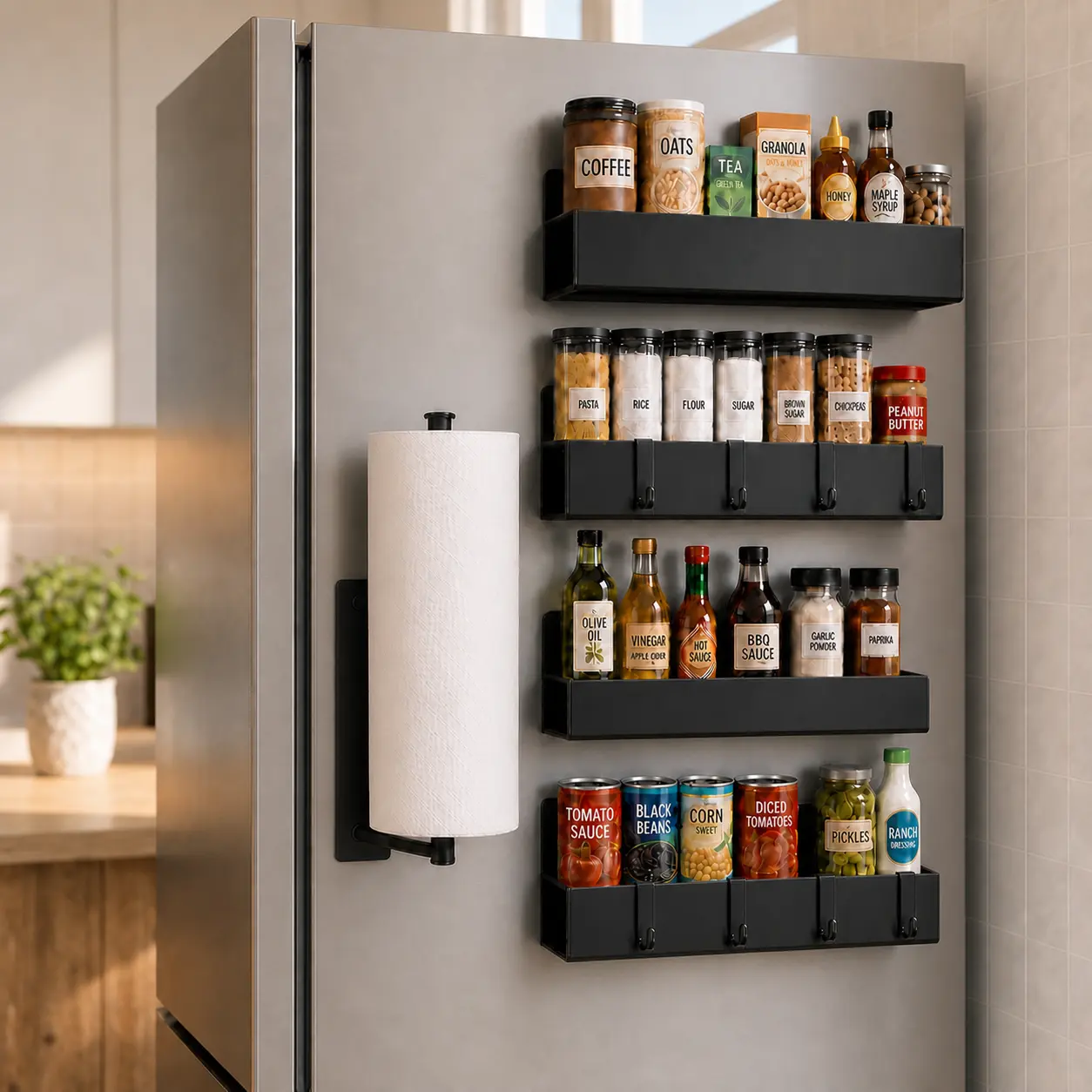 5-Piece Magnetic Kitchen Storage Set |Magnetic Spice Rack with Movable Hooks for Refrigerator,Magnetic Shelves Storage Seasoning Organizer for Fridge,Seasoning Storage Organizer, For Oven Washer and Dryer