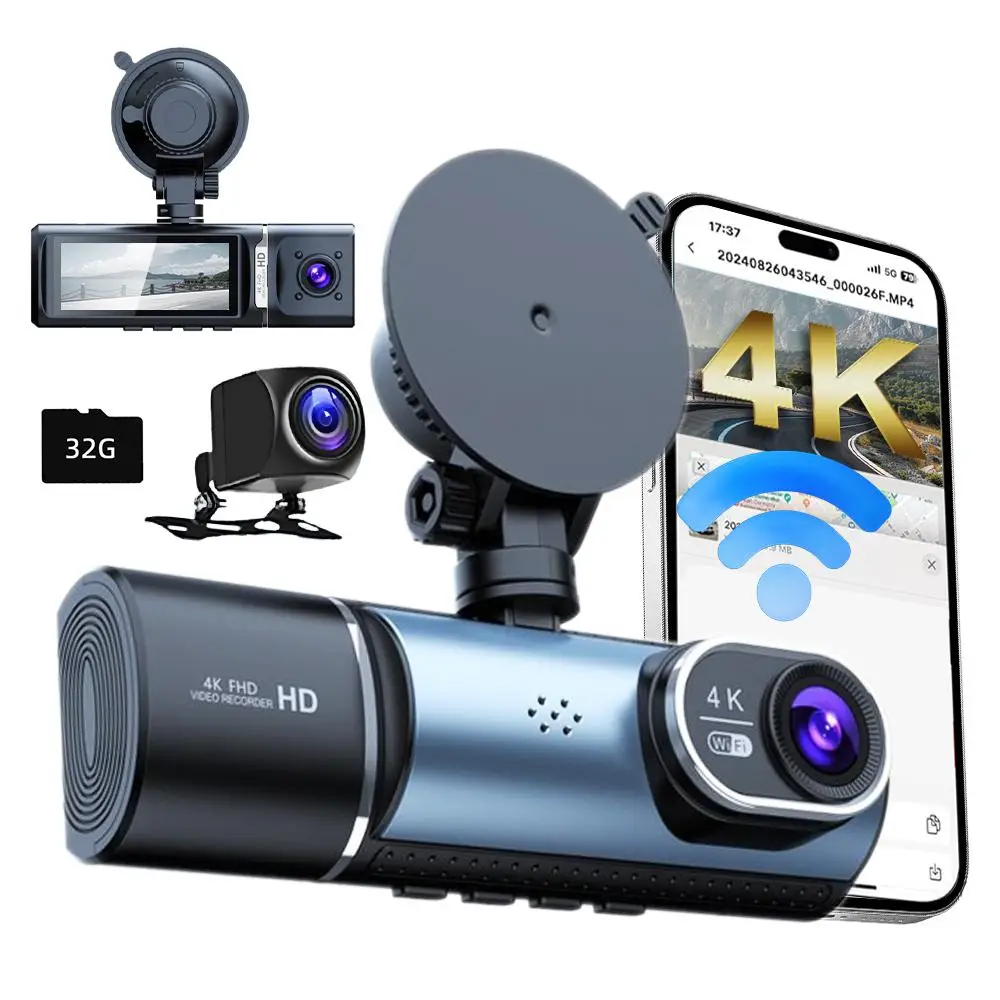 4k Car DVR, Automotive Dashcam with 3 Camera Lens, Wide Angle Car DVR with GPS, Car Video Recorder, Car Electronics, Car Accessory, HD Dash Camera