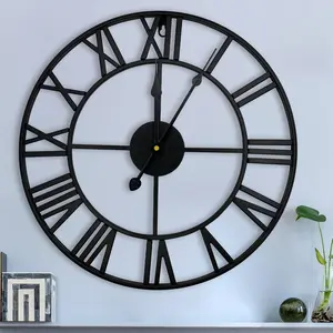 16" Wall Clocks, Large Modern Metal round Silent Clocks, Roman Numeral Indoor Decorative Clocks for Living Room Kitchen Bedroom Office Farmhouse (Black)