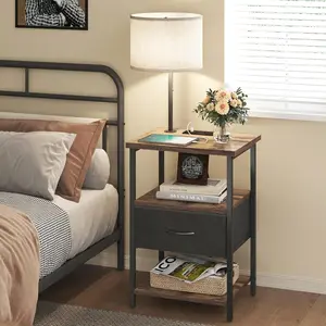 Nightstand with Lights Bedside Table with 3 Color Temperatures Bulb, Night Stand with Charging Station End Table with Adjustable Fabric Drawer for Bedroom Dorm