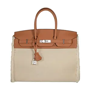 Pre-owned HERMÈS Mixed Leathers Shoulder Bags Toile and Swift Fray Fray Birkin 35 Gold