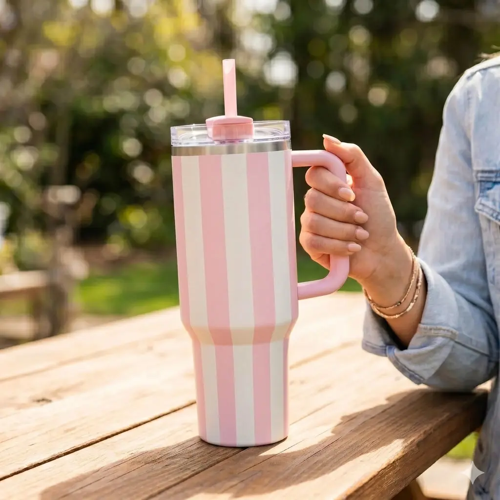 Girly Pink Striped 40oz Handle Tumbler, Resort Stripes Quencher, Summer Aesthetic Gift for Her, Birthday GIft For Her, Summer Beach Gift for Her, Insulated Steel Mug - scs17759