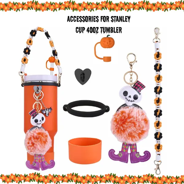 Halloween Stanley Cup Accessories Set for 40oz Tumbler, Tumbler Strap, Silicone Cup Boot, Straw Cover & 2PCS Charms, Cute Halloween Tumbler Accessories, Cup Decor & Gift