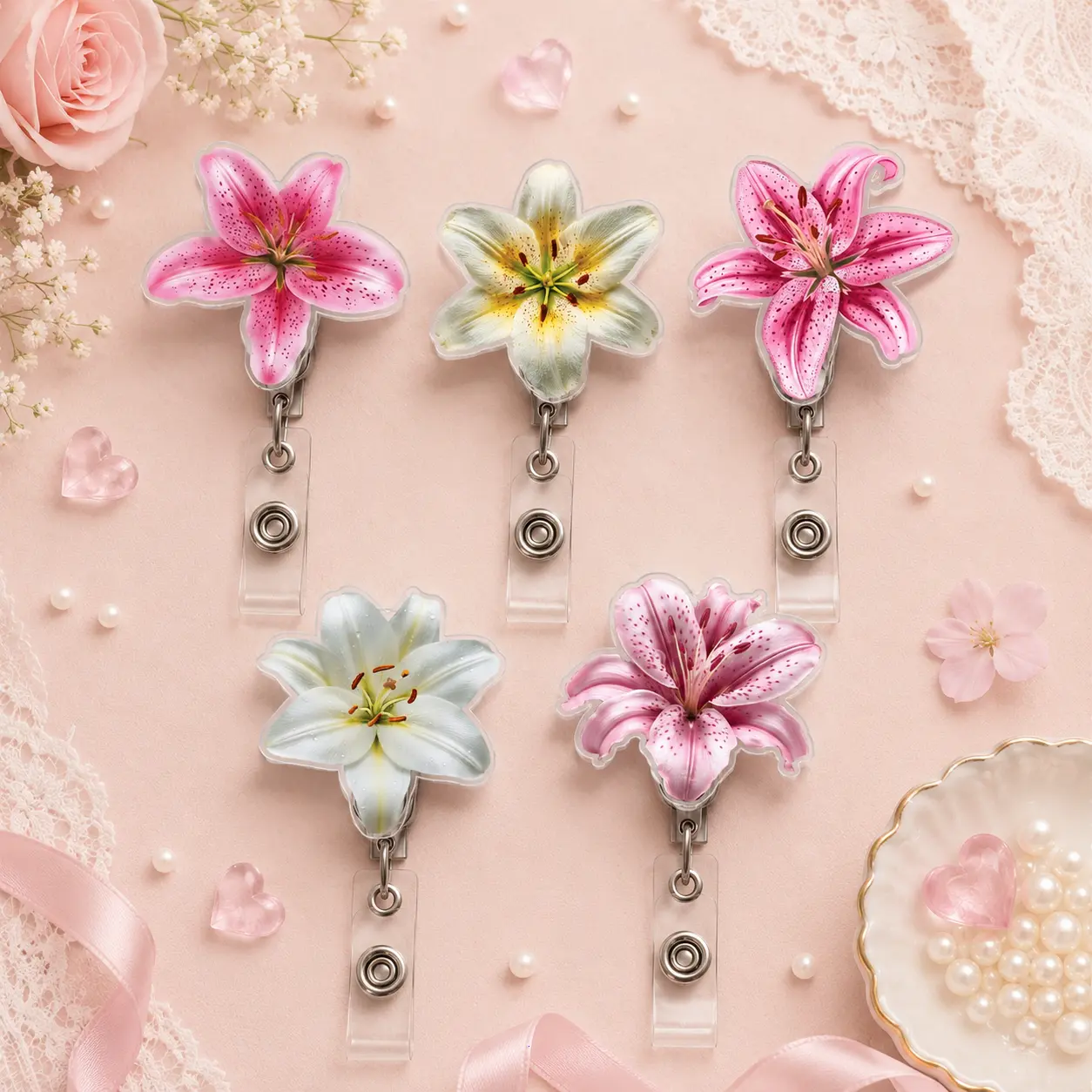 Cute Lily Flower Badge Reel, Floral ID Badge Holder, Pink Flower Badge Clip, White Lily Name Badge, Gift for Flower Lovers, Buddy Office Accessory