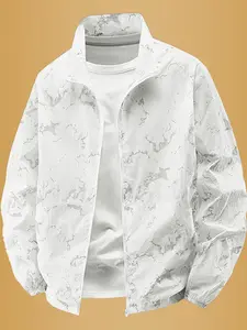 Men's Stand Collar Marble Pattern Long Sleeve Jacket, Comfortable Breathable Outerwear, Fashion Versatile Street Style