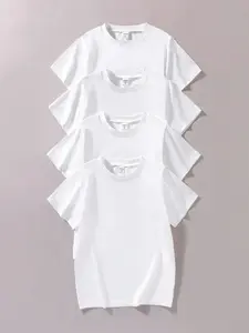 Vacaura 4pcs/Set Boys Basic Casual School Style White T-Shirts, Suitable For Casual Sports & Layering Wear