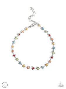 Familiar Florals - Multi Red Green Blue Flower Silver Anklet