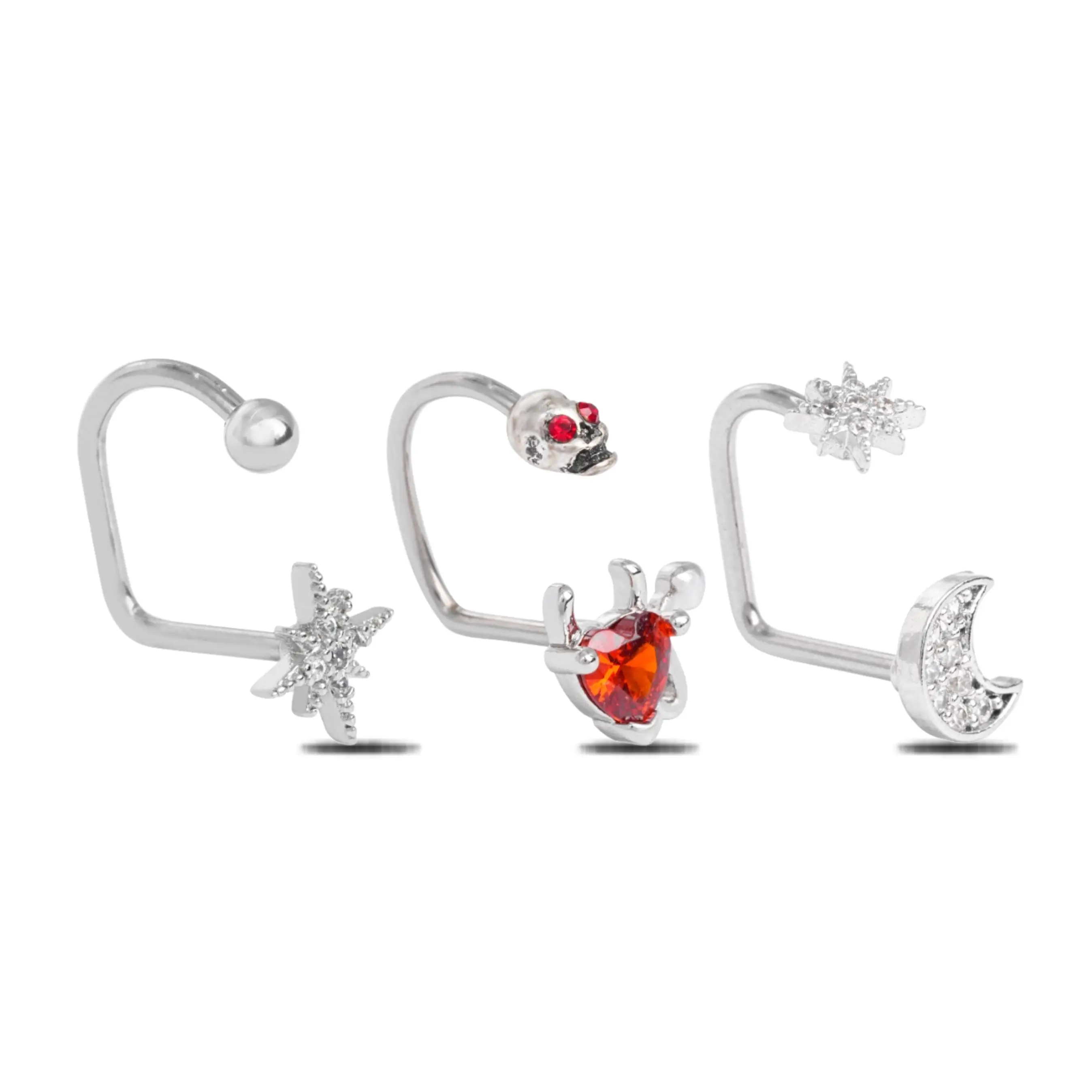 HERVAY Celestial Gothic 16G 10MM 316L Stainless Steel Star Skull Devil Heart Moon Designs Hypoallergenic Labret Helix Studs Body Jewelry