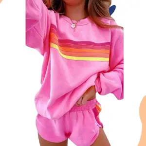 Rainbow Stripe Shorts Set | Oversized Crewneck Hoodie Combo | Rainbow Element Matching Set | Cozy Everyday Outfit | strip accent basic minimalist clothes womenswear suit long sleeve winter big brands fall season wear