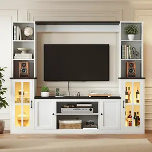 74'' Wall Unit Entertainment Center, Farmhouse TV Stand with Bookshelves, Storage Organizer, Fits TVs Up to 50'', Large Media Console with LED Light Strip and Power Outlets for Living Room